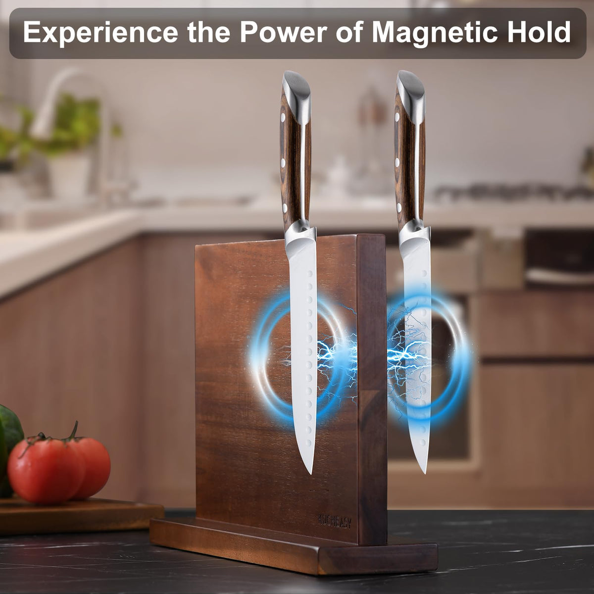 KUCHEASY double-sided magnetic knife holder displays organized knives at arm reach