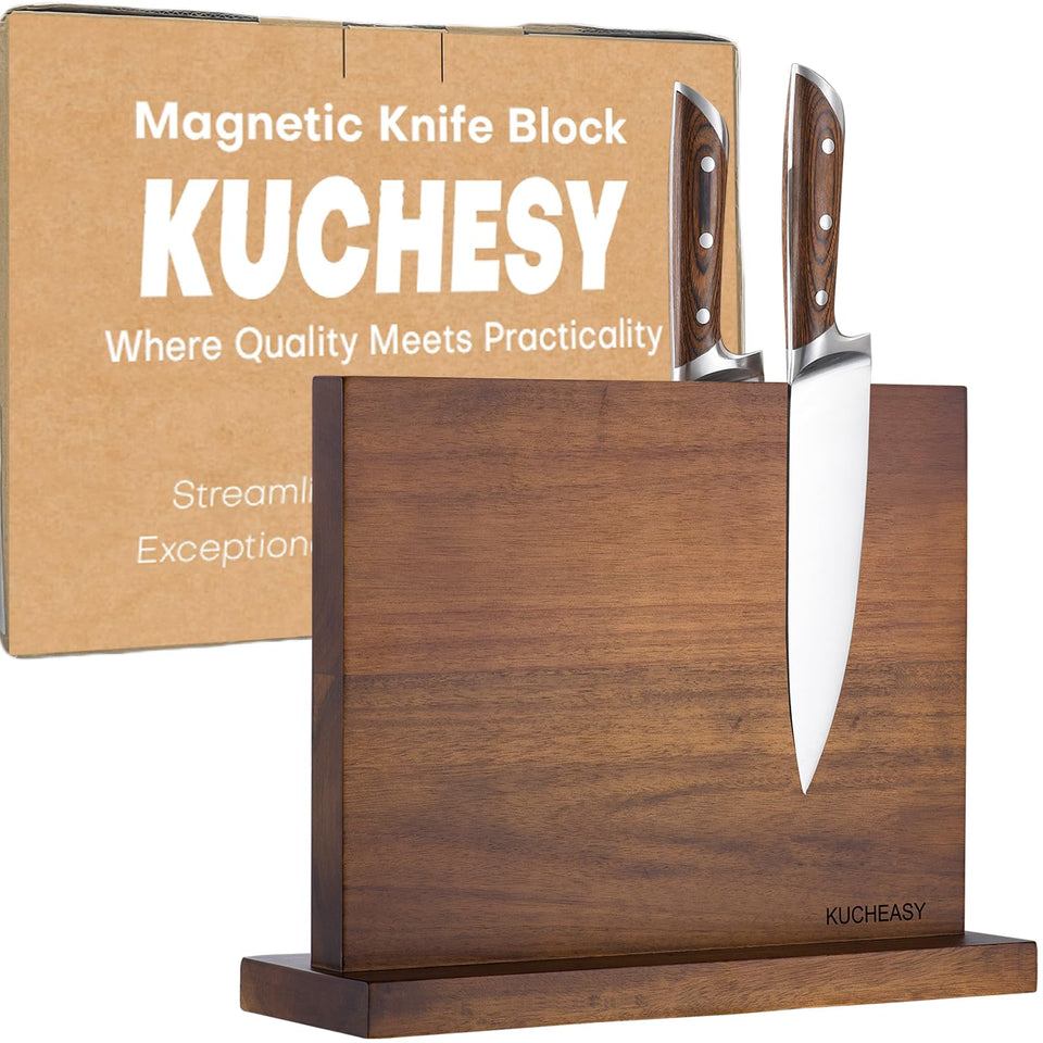 KUCHEASY magnetic knife holder in wood with a close-up showing the smooth surface for easy access