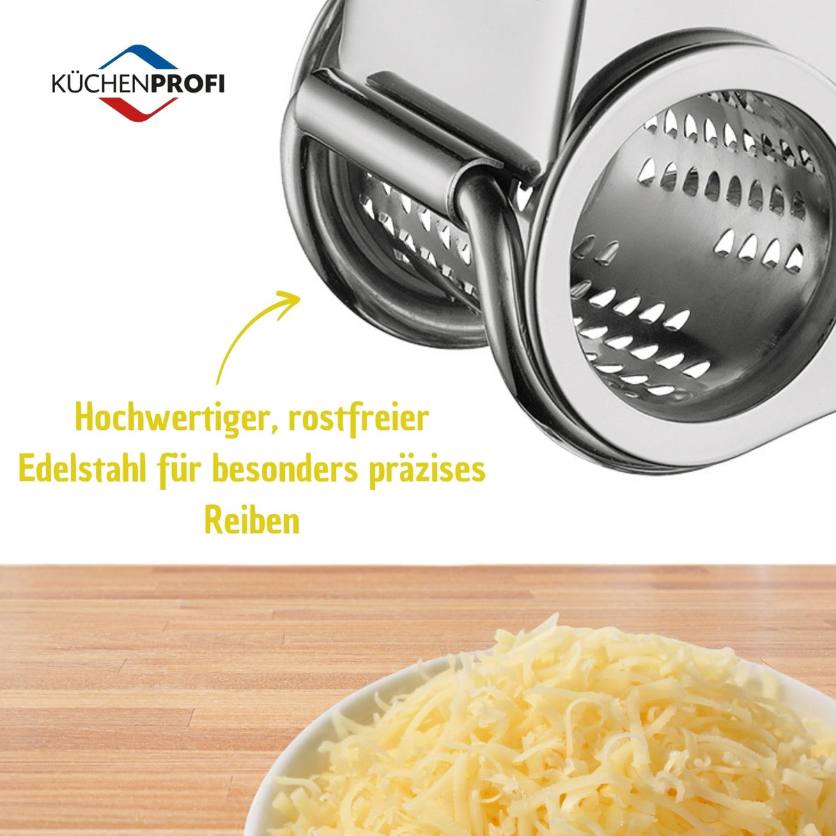 Küchenprofi hand crank rotary design for quick grating of cheese, chocolate, or nuts.