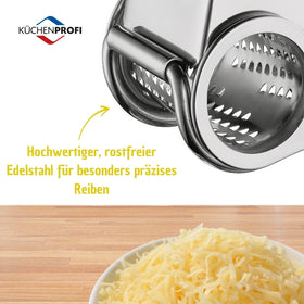 Küchenprofi hand crank rotary design for quick grating of cheese, chocolate, or nuts.