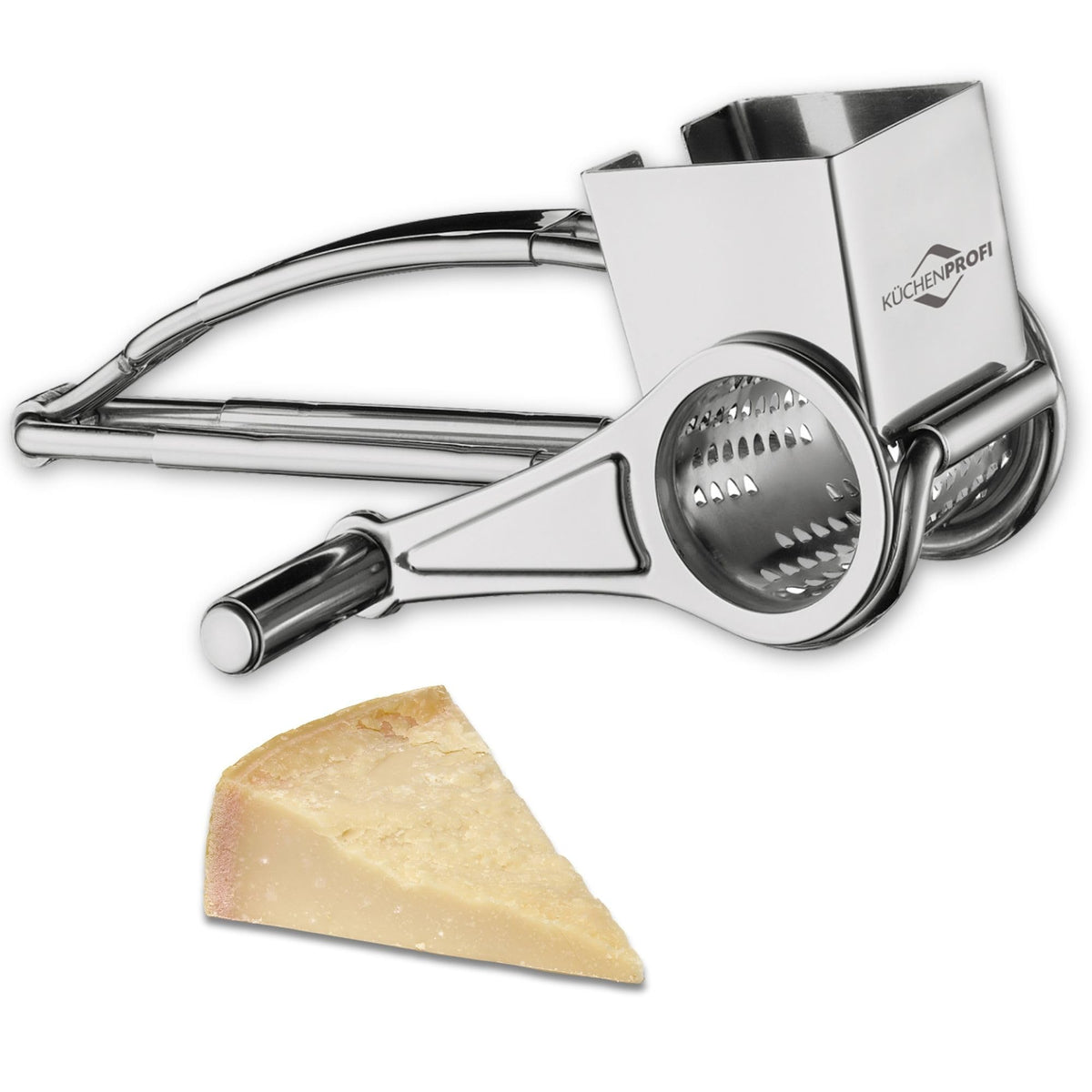 Küchenprofi stainless steel rotary cheese grater with single drum for Parmesan and more.