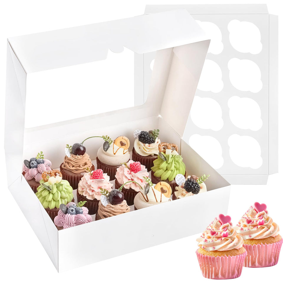 Kucoele 12-count cupcake boxes with clear windows and inserts for easy viewing.