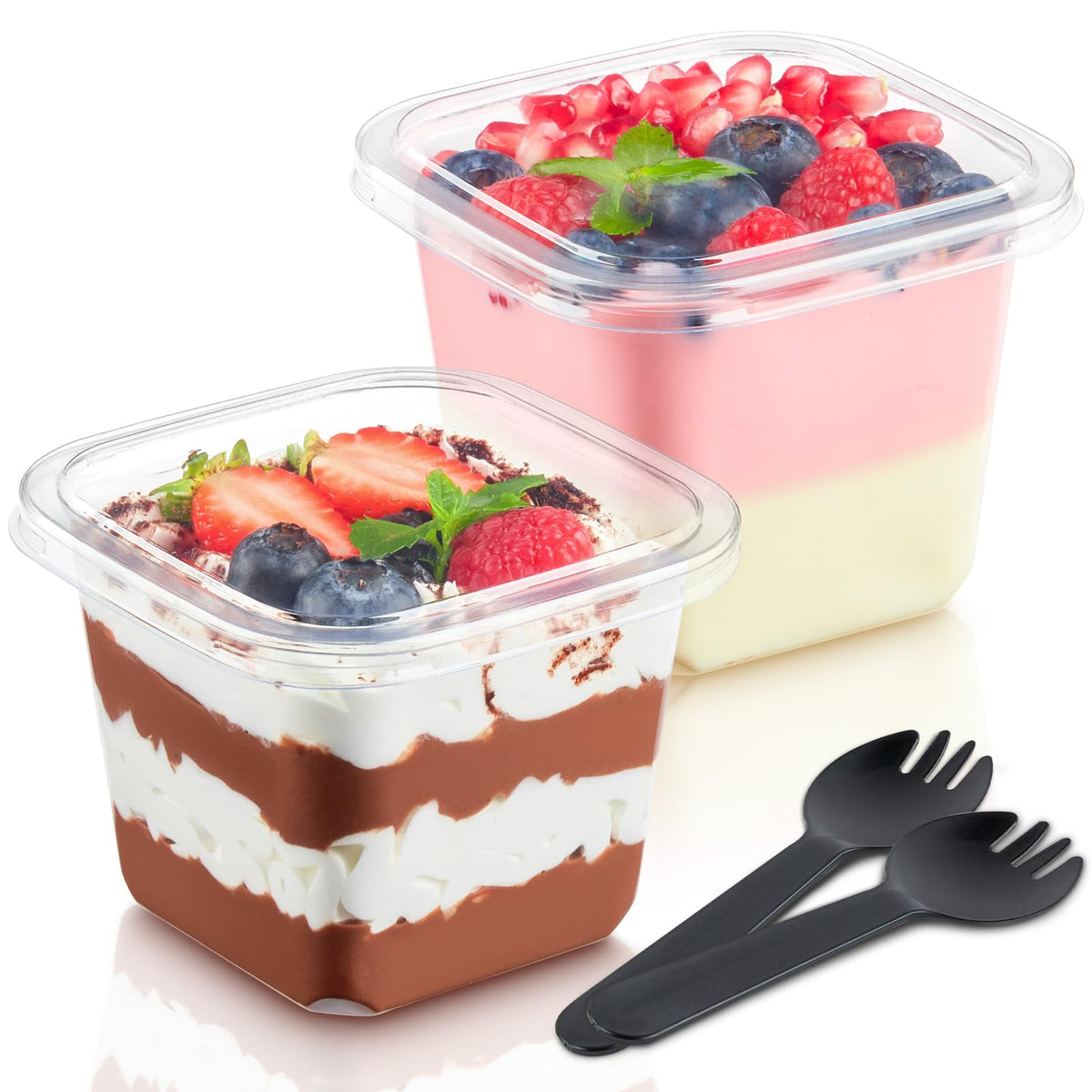 Kucoele 50-pack 12 oz dessert cups with lids and sporks for parties.