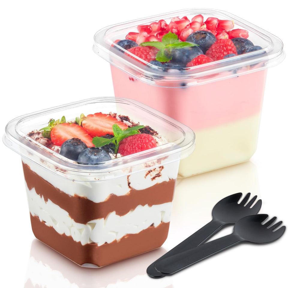 Kucoele 50-pack 12 oz dessert cups with lids and sporks for parties.