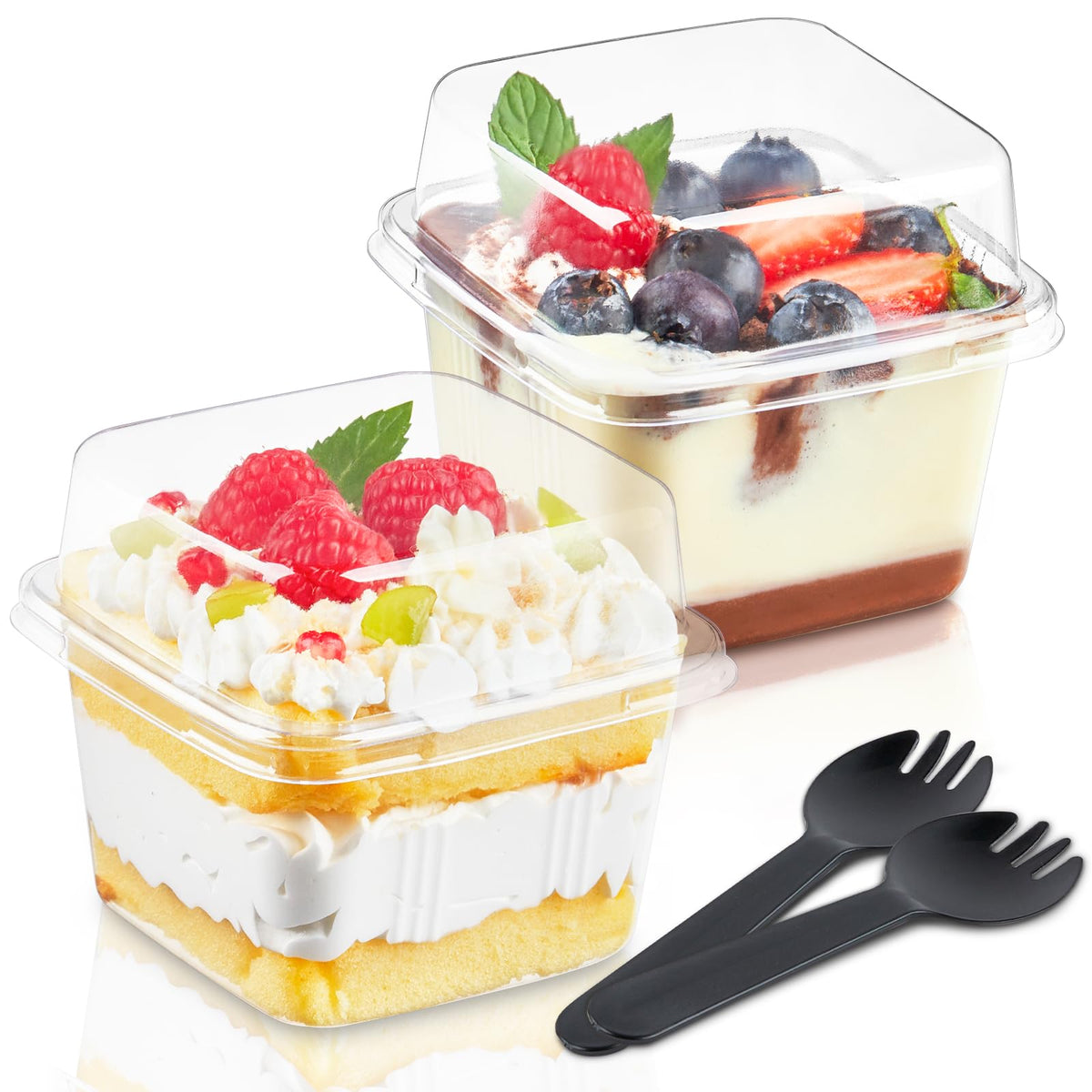 Kucoele 50-pack 8oz square dessert cups with lids and sporks for party prep.