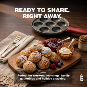KUHA versatile pan ready for aebleskiver, poffertjes, takoyaki and more.