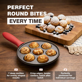 KUHA cast iron aebleskiver pan cavity close-up shows 2-inch pockets.