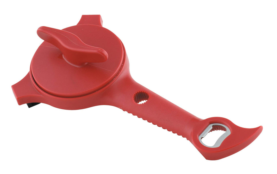 Kuhn Rikon 5-in-1 opener in use gripping a jar lid for easier opening