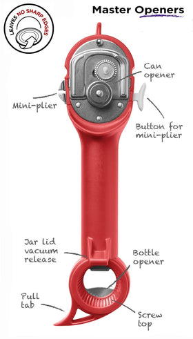 Kuhn Rikon Auto Safety Master Opener shows safe, no-cut opening with lids
