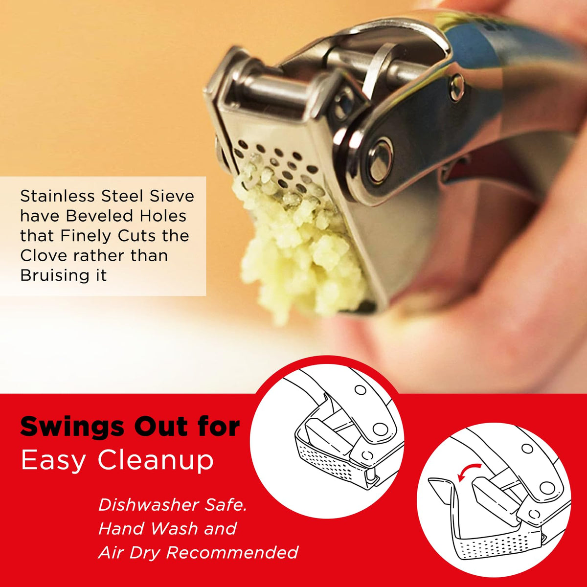 Kuhn Rikon Epicurean Garlic Press beveled holes for a fine, even mince.