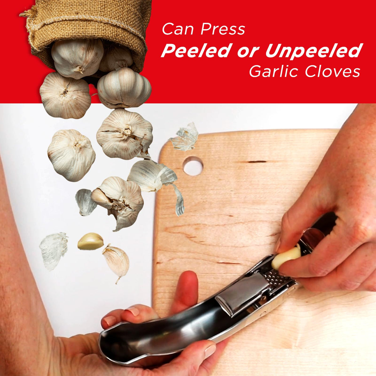 Kuhn Rikon Epicurean Garlic Press hopper handles peeled or unpeeled cloves.