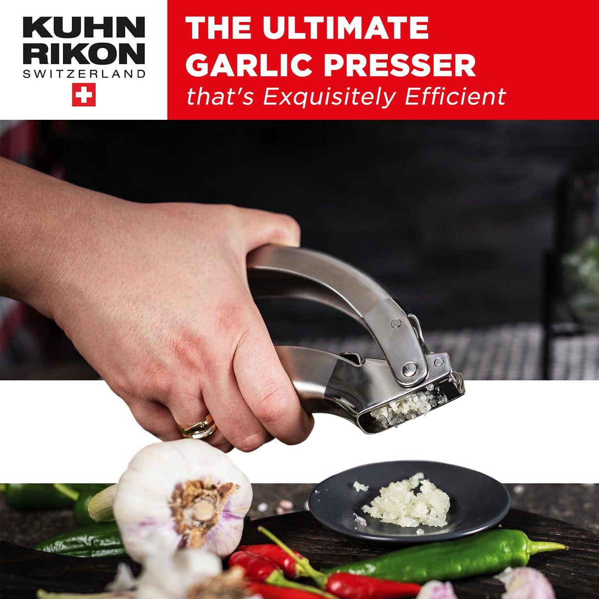 Kuhn Rikon Epicurean Garlic Press with stainless steel body built to last.