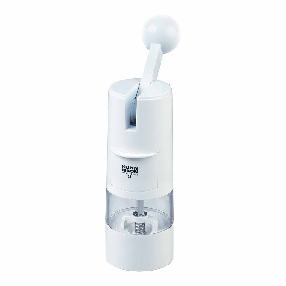 Kuhn Rikon high-performance ratchet grinder in white for salt and pepper.