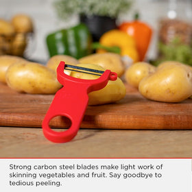 Kuhn Rikon Original Swiss Peeler green handle with ergonomic grip for comfort.