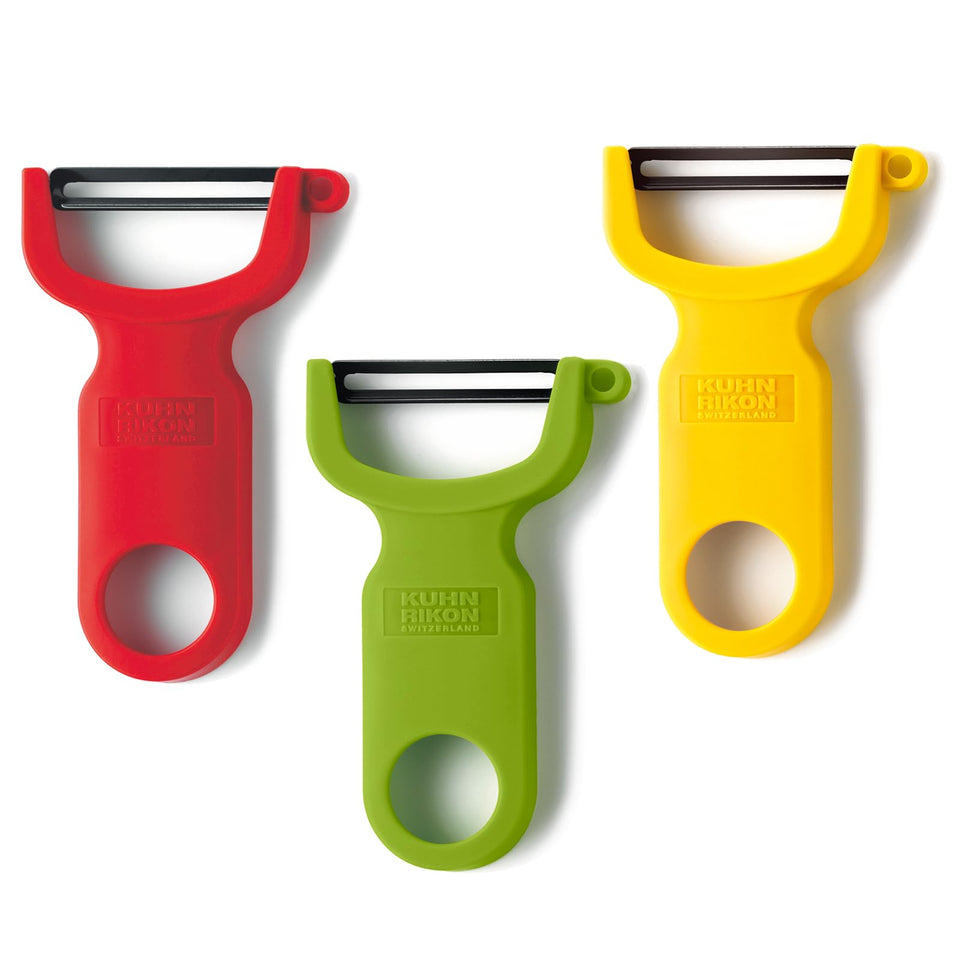 Kuhn Rikon Original Swiss Peeler red handle for fast, smooth peeling.