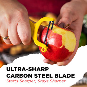 Kuhn Rikon Original Swiss Peeler yellow handle helps quick color-coded prep.