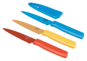 Kuhn Rikon straight paring knife 4-inch blade close-up for precise peeling and slicing