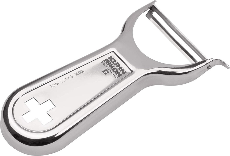 Kuhn Rikon Swiss Metal Peeler 4-inch blade close-up for razor-sharp peeling.