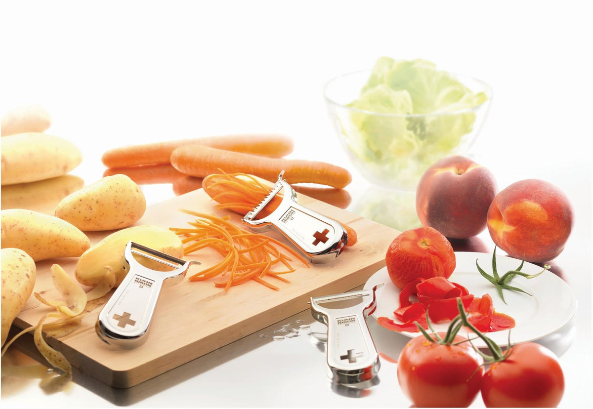Kuhn Rikon Swiss Metal Peeler shown as dishwasher-safe metal design.