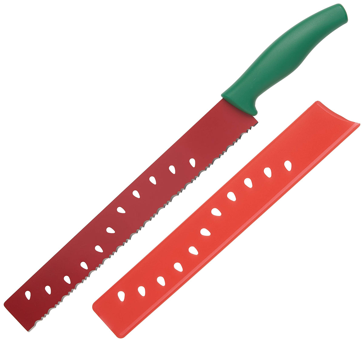 Kuhn Rikon Watermelon Knife serrated edge for clean cuts through firm rinds.