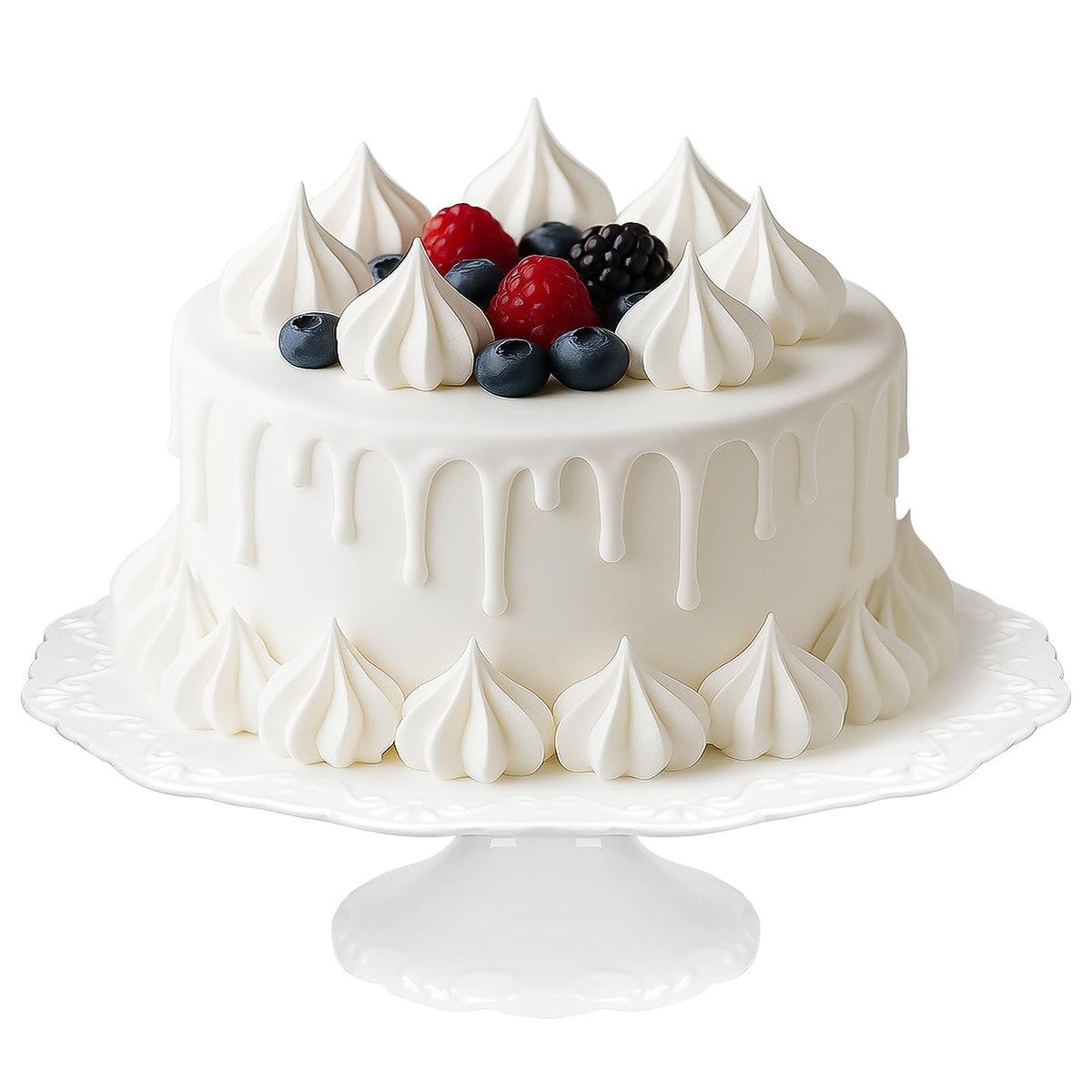 Kukikan 12-inch white cake stand displays a 10-inch cake with elegant porcelain craftsmanship.
