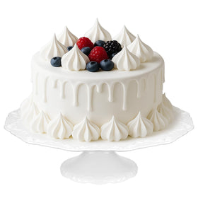 Kukikan 12-inch white cake stand displays a 10-inch cake with elegant porcelain craftsmanship.