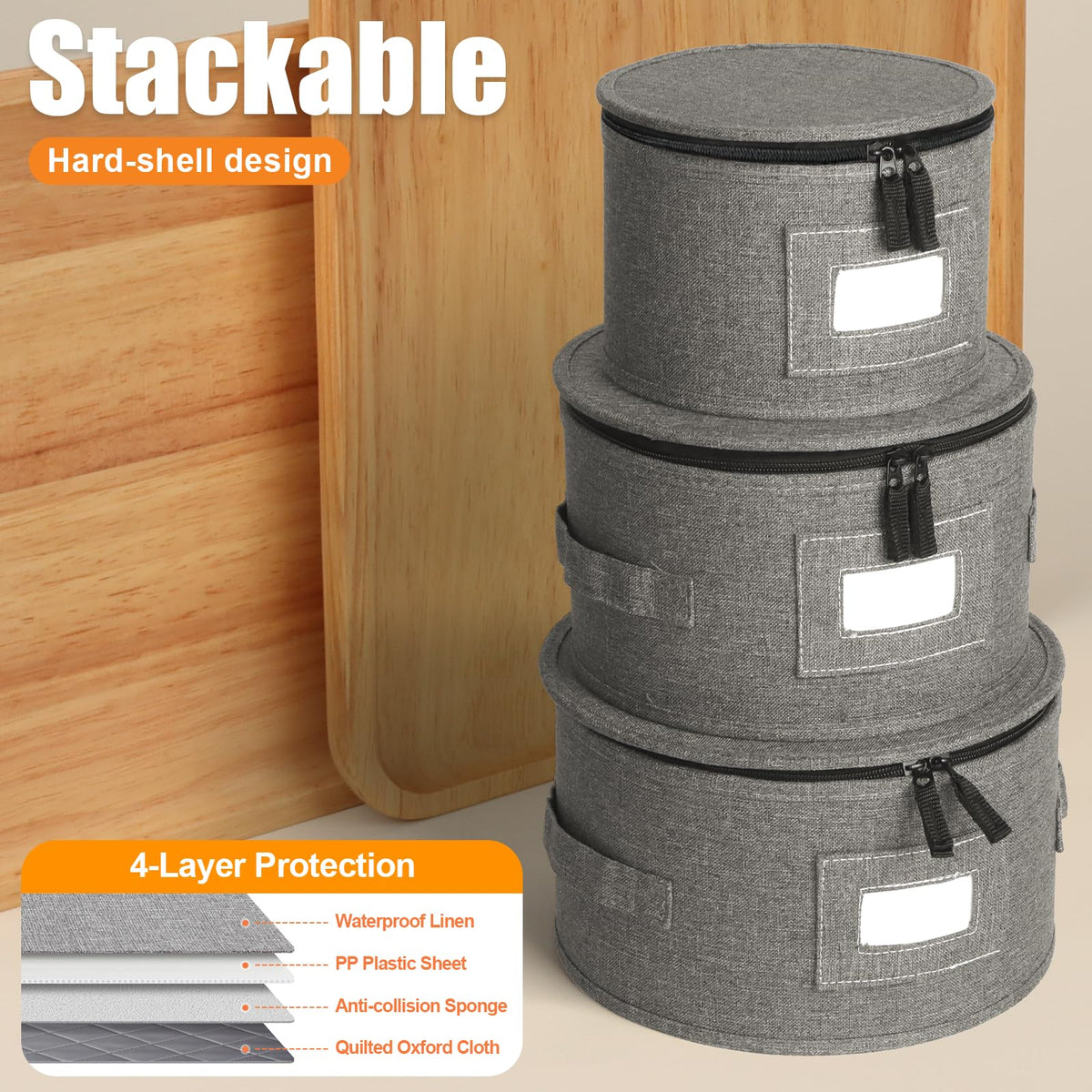 Kukikan dish storage with felt dividers safeguards plates from scratches.