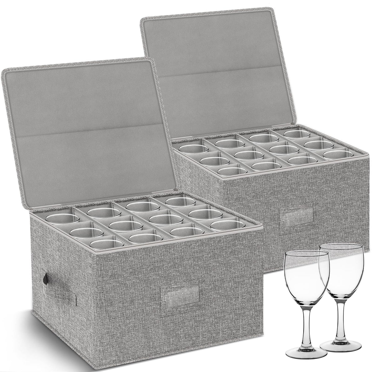 Kukikan 2-pack wine glass storage box with hard-shell top view showing rugged protection for moving