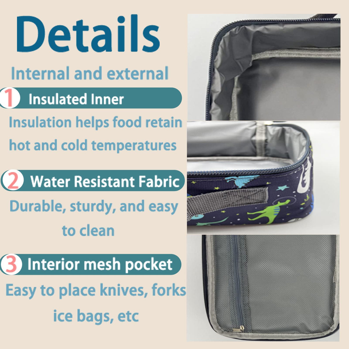 Kulle dinosaur lunch bag washable exterior for quick cleanup