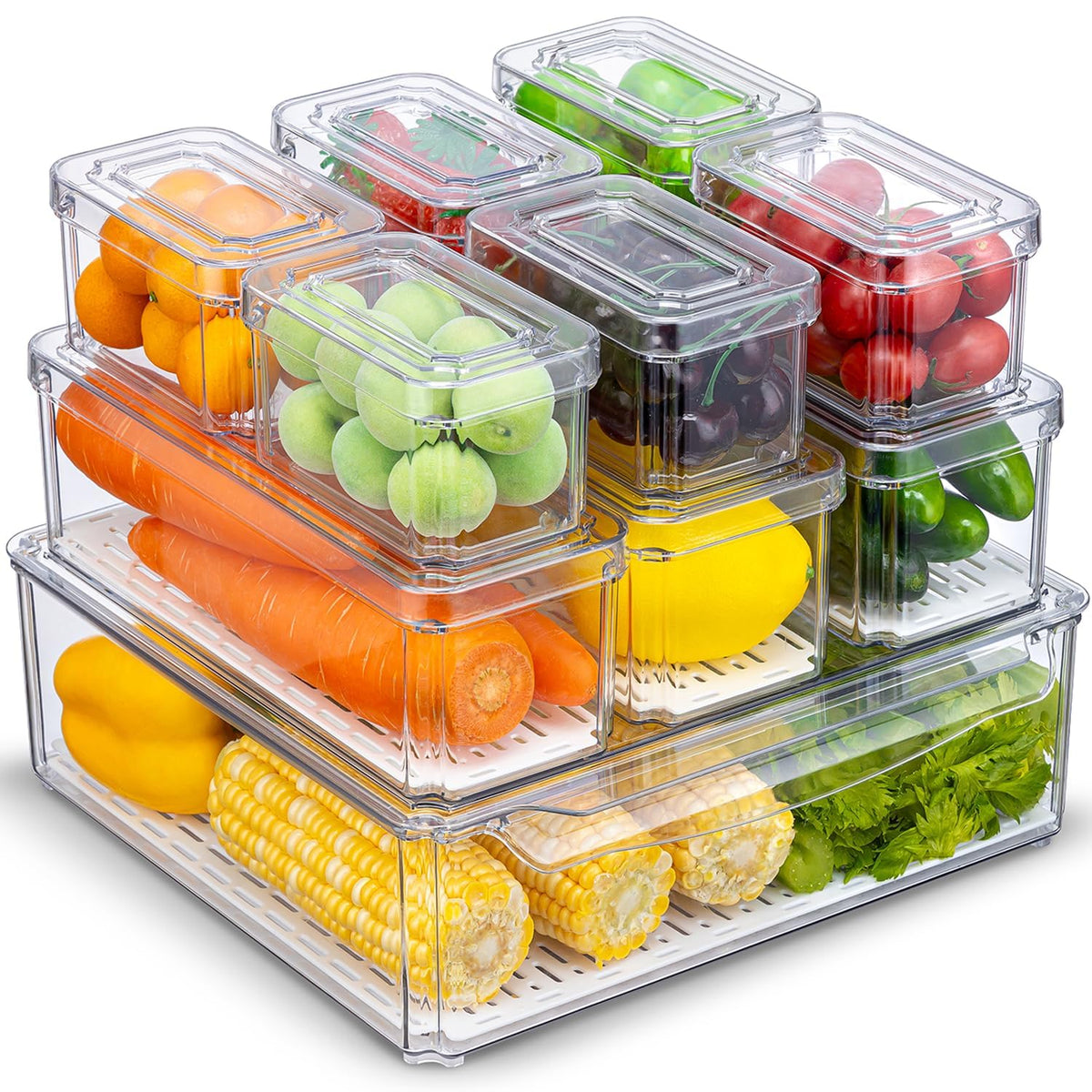 KUMD 10-pack clear fridge bins with lids keep groceries neatly organized.