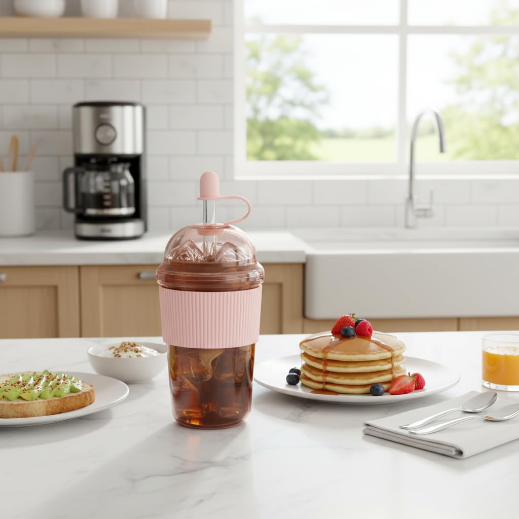 Kuoleopa 17oz tumbler with straw and pink accents for refreshing cold drinks.