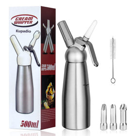 Kupadio 500ml aluminum whipped cream dispenser for silky homemade toppings.