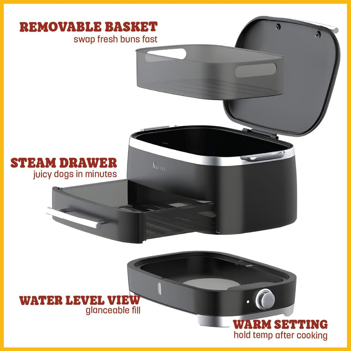 Kusini bun warming basket keeps buns soft and ready for toppings.