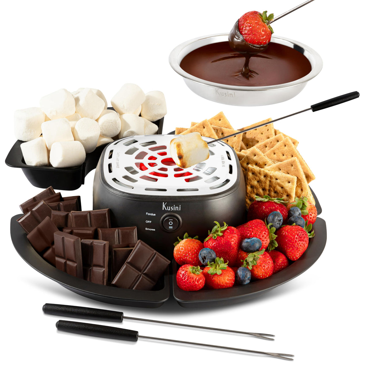 Kusini smores set with flameless heater for safe indoor gatherings.