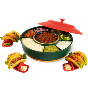 Kusini taco bar with rotating compartments keeps toppings organized for quick tacos.
