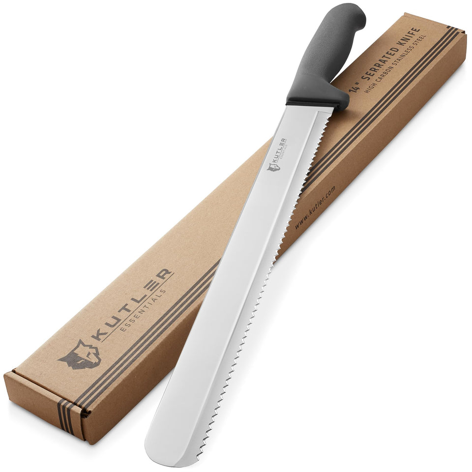 KUTLER professional 14-inch bread knife edge close-up for clean, effortless slices
