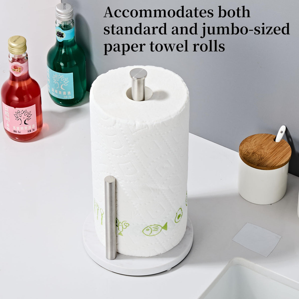 KUUBTH stainless steel paper towel holder side loading for easy one handed use.
