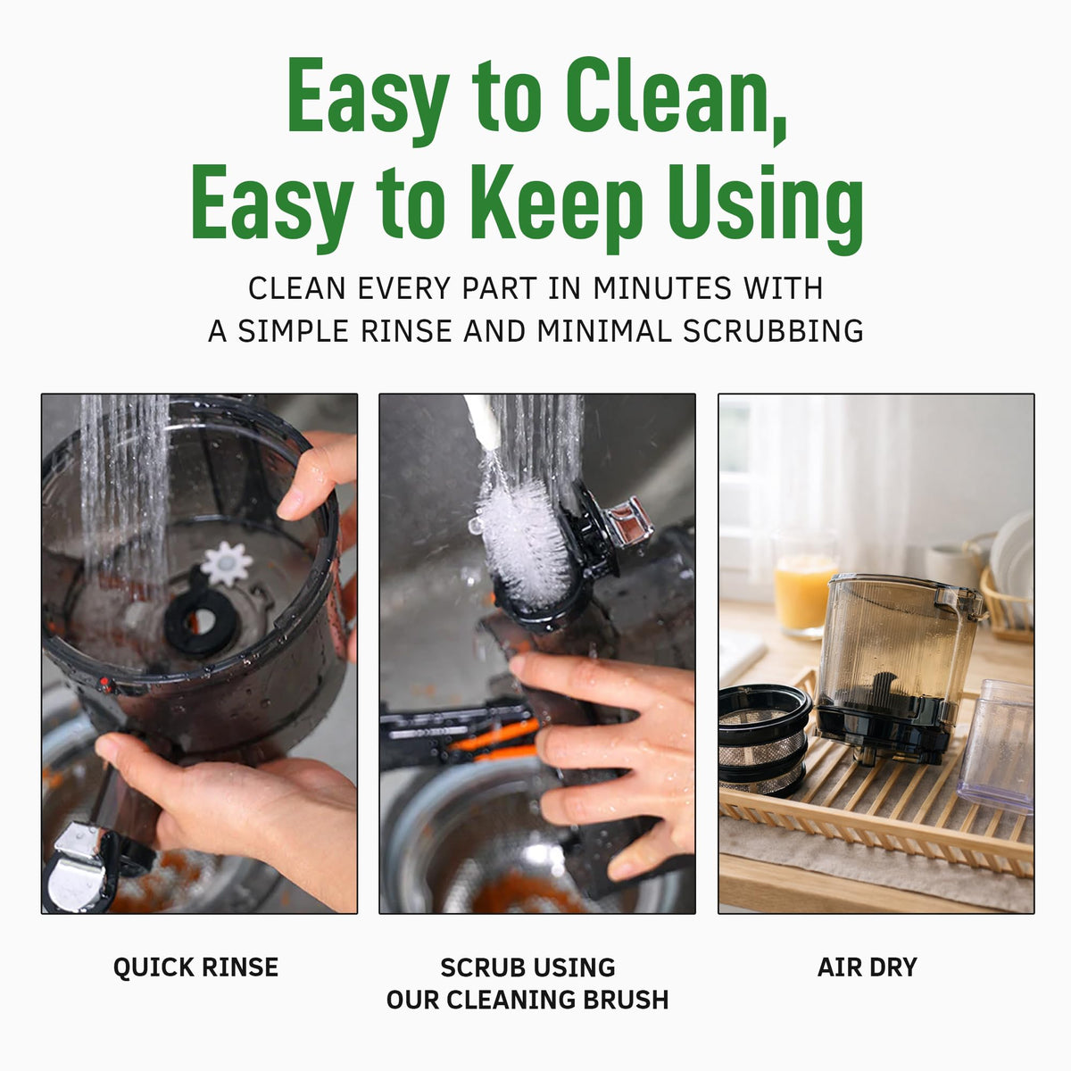 Kuvings AUTO10 quiet 240W motor keeps mornings peaceful.