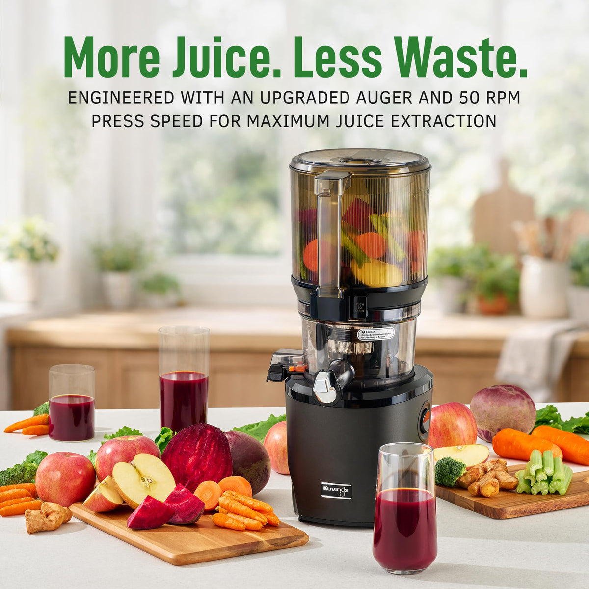 Kuvings AUTO10 self-feeding hopper streamlines prep and cleanup.