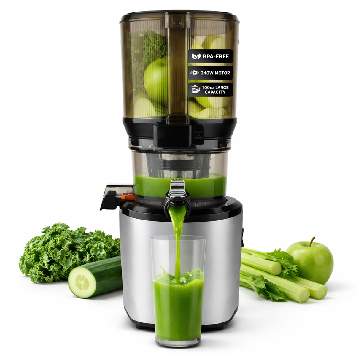 Kuvings AUTO10 feeds whole fruit for effortless hands-free juicing.