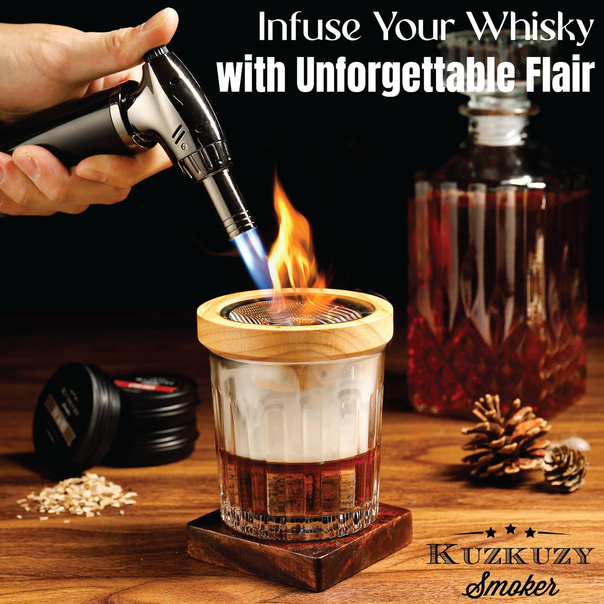 KUZKUZY hand-carved wood chimney adds rustic charm to cocktails
