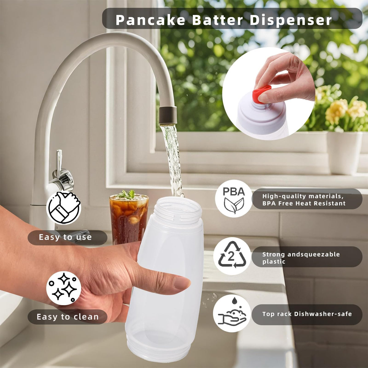 KVIFIVK bottle with stainless steel mixing ball for lump-free batter