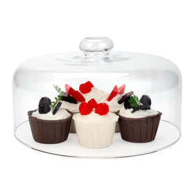 KVMORZE 10-inch glass cake dome cover protecting desserts while presenting them attractively.