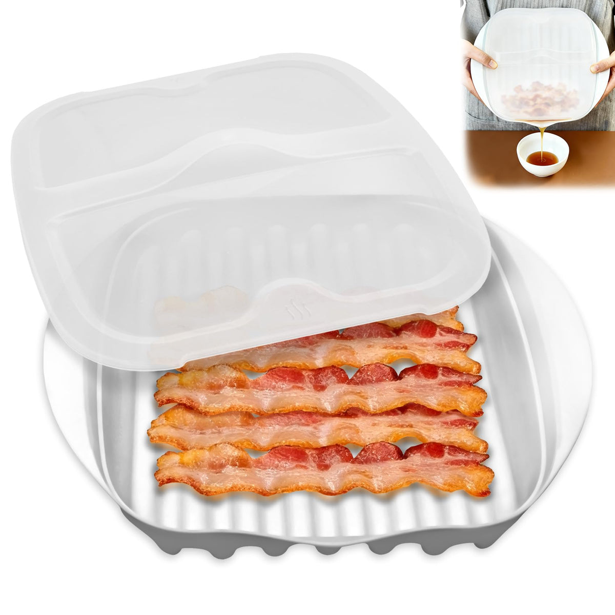 KVZKVZ microwave bacon cooker with cover keeps bacon neat and reduces splatter.