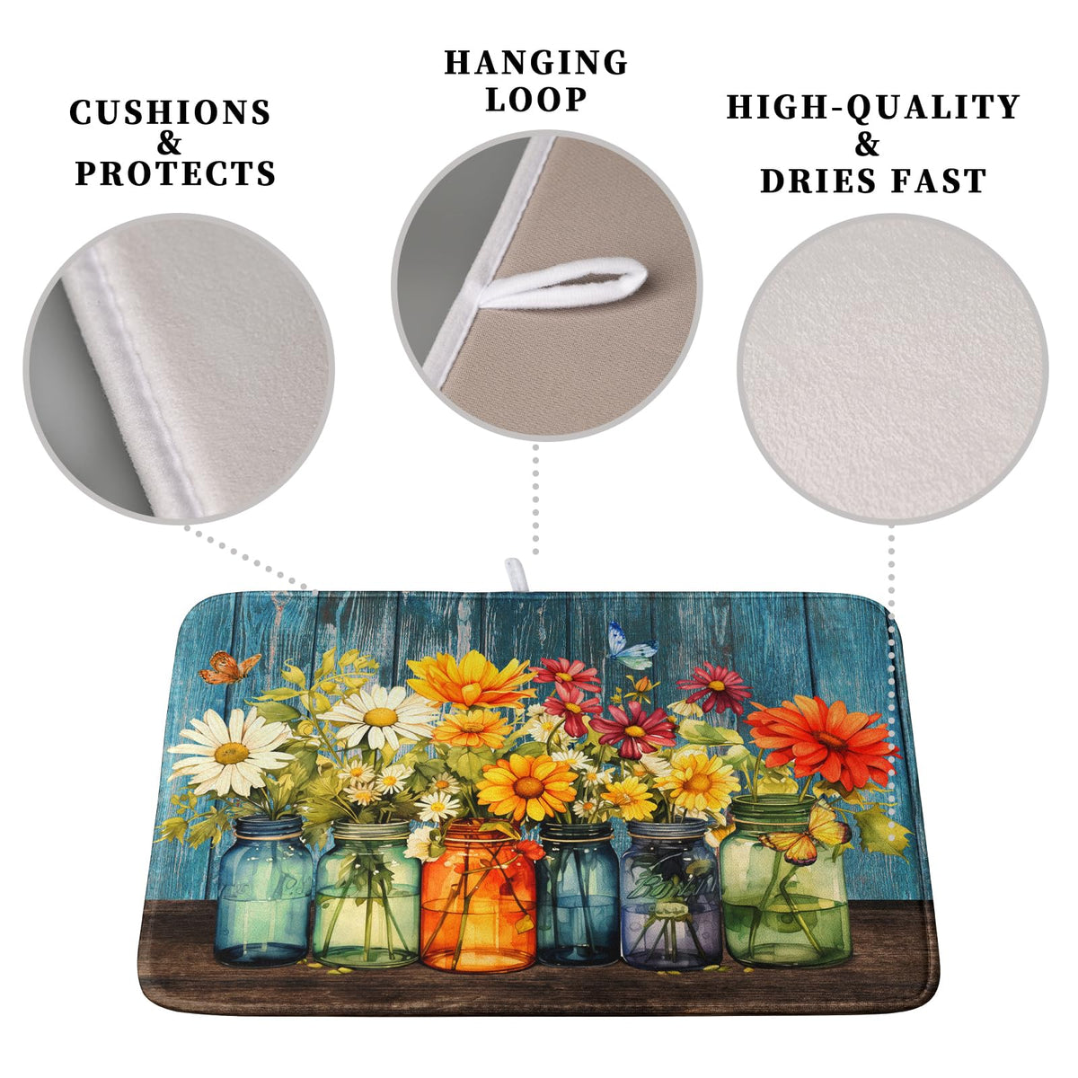Kwlegh Daisy dish drying mat with absorbent microfiber dries dishes efficiently.