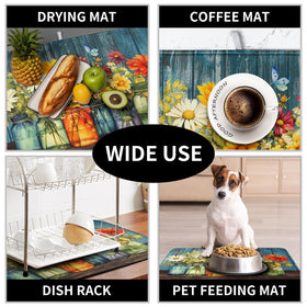 Kwlegh Daisy dish drying mat includes a hanging tab for fast air drying.