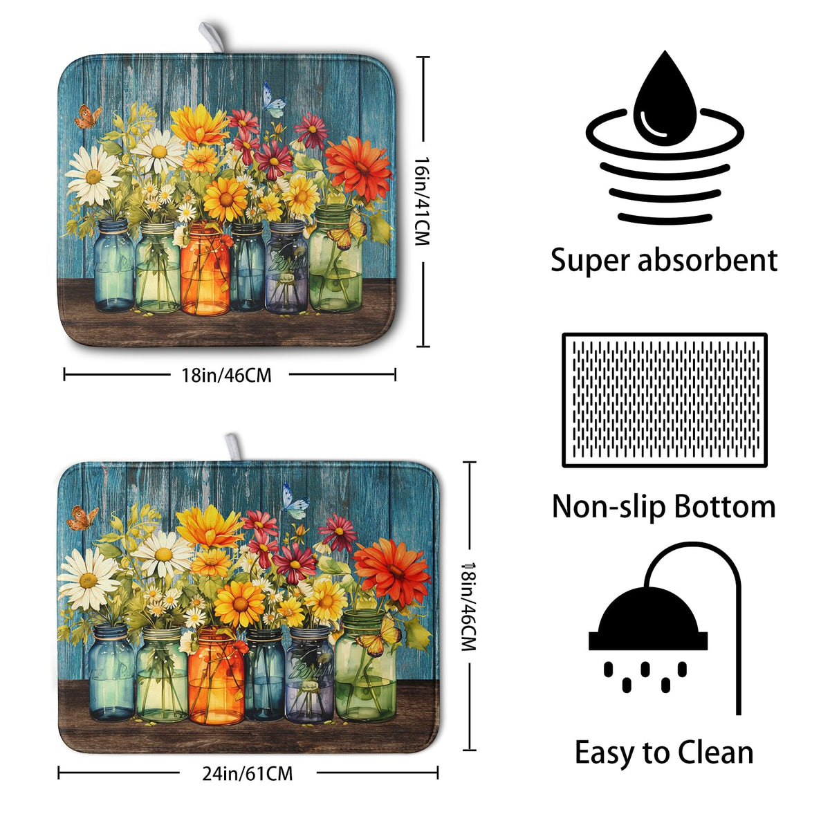 Kwlegh Daisy dish drying mat with reversible design adds color and protects delicate glassware.