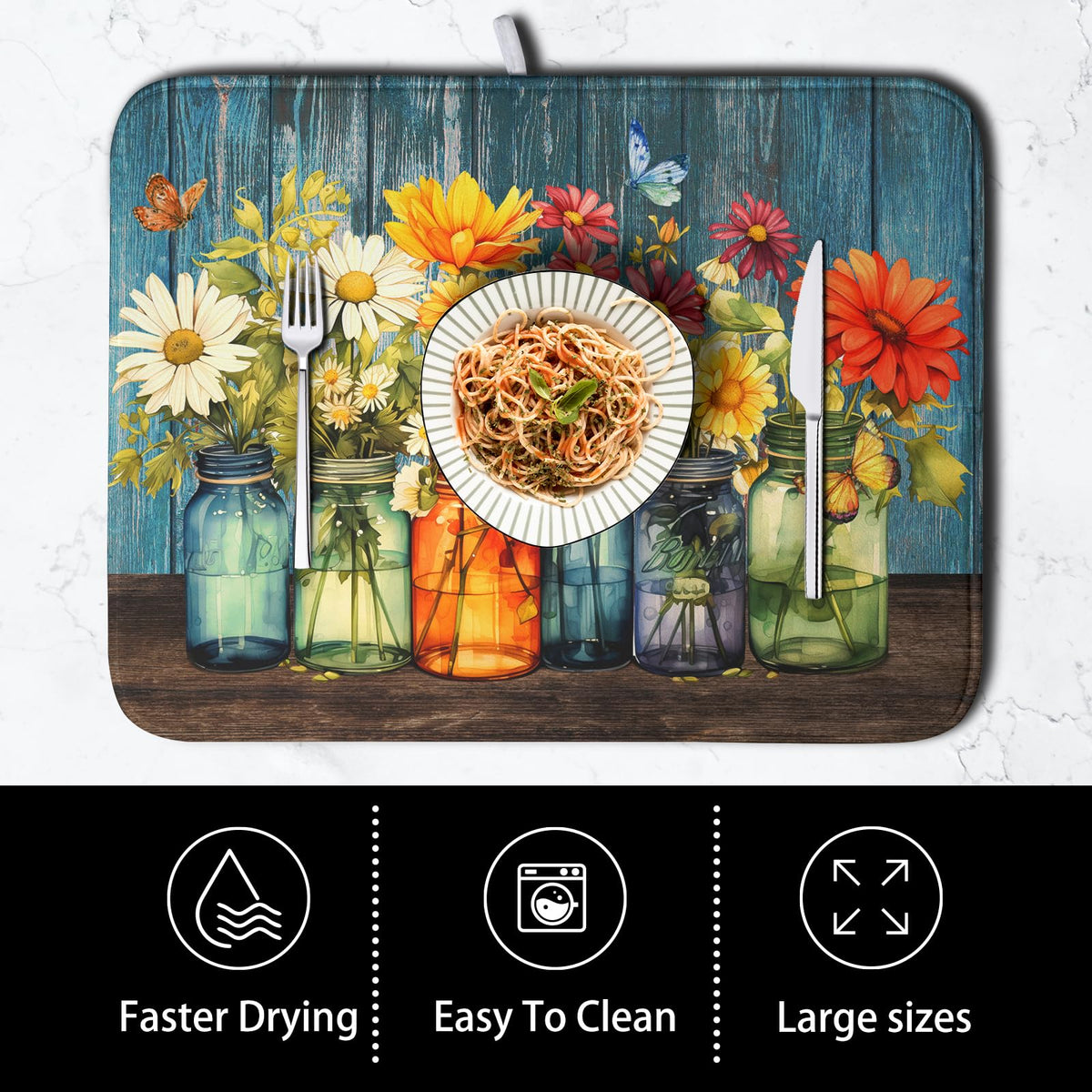 Kwlegh Daisy dish drying mat under a small appliance protects the counter from scratches.