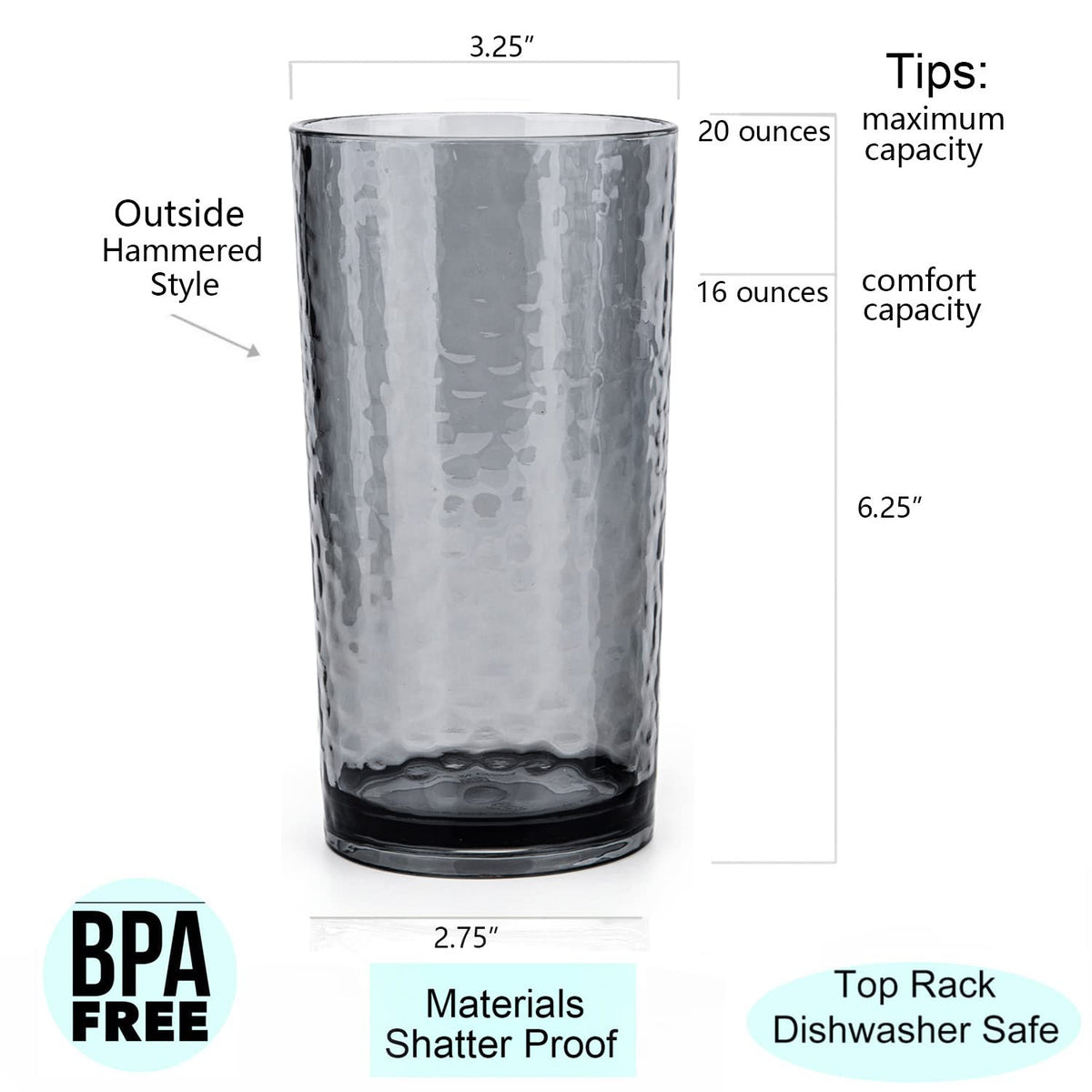 KX-WARE smoky grey hammered 14oz tumbler, front view highlighting crystal clarity.