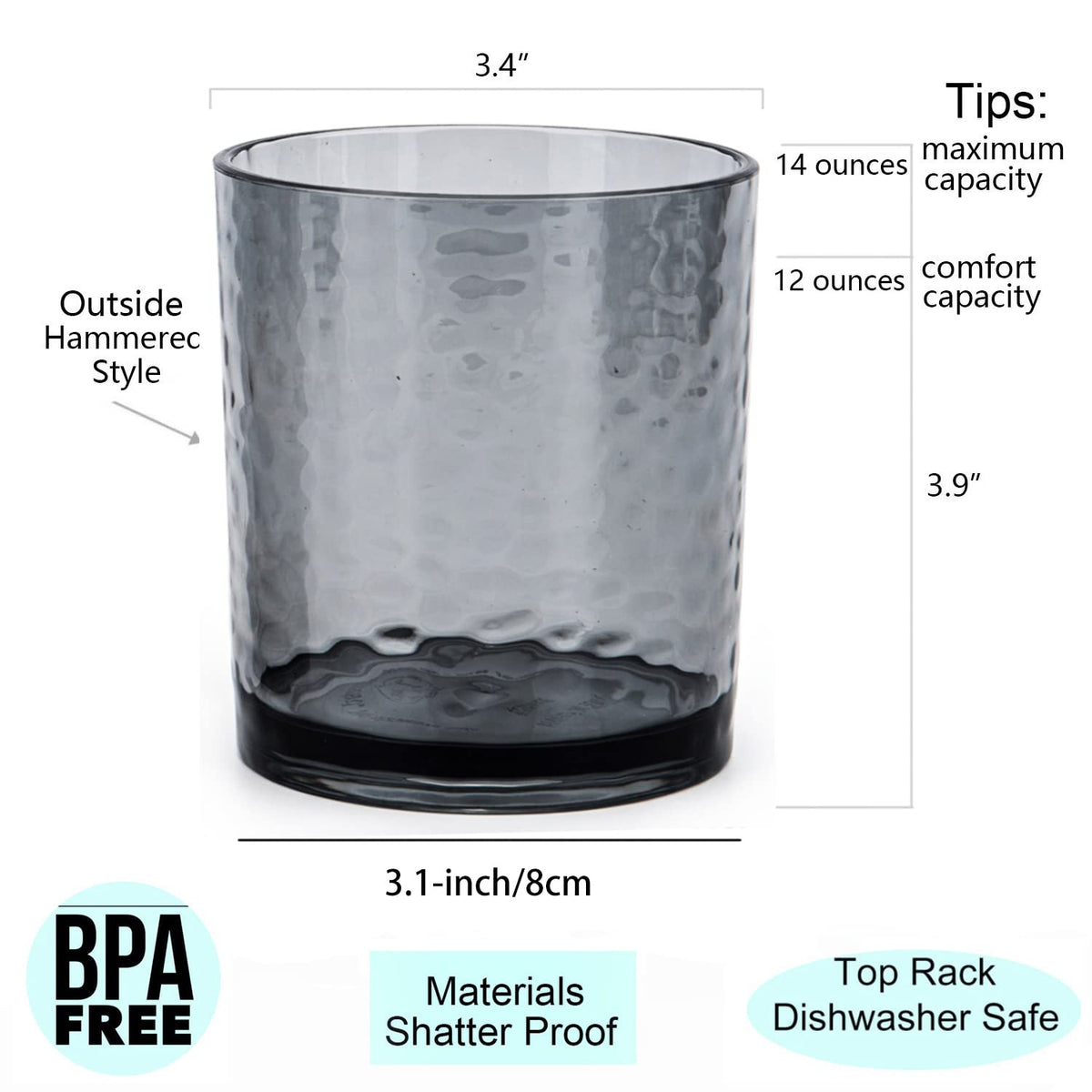KX-WARE smoky grey hammered 14oz tumbler, side view for everyday indoor and outdoor serving.
